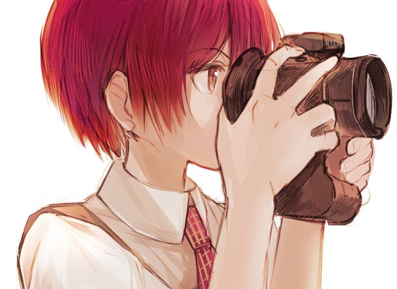 1girl, aiming, bad_id, bad_pixiv_id, brand_name_imitation, brown_dress, brown_eyes, camera