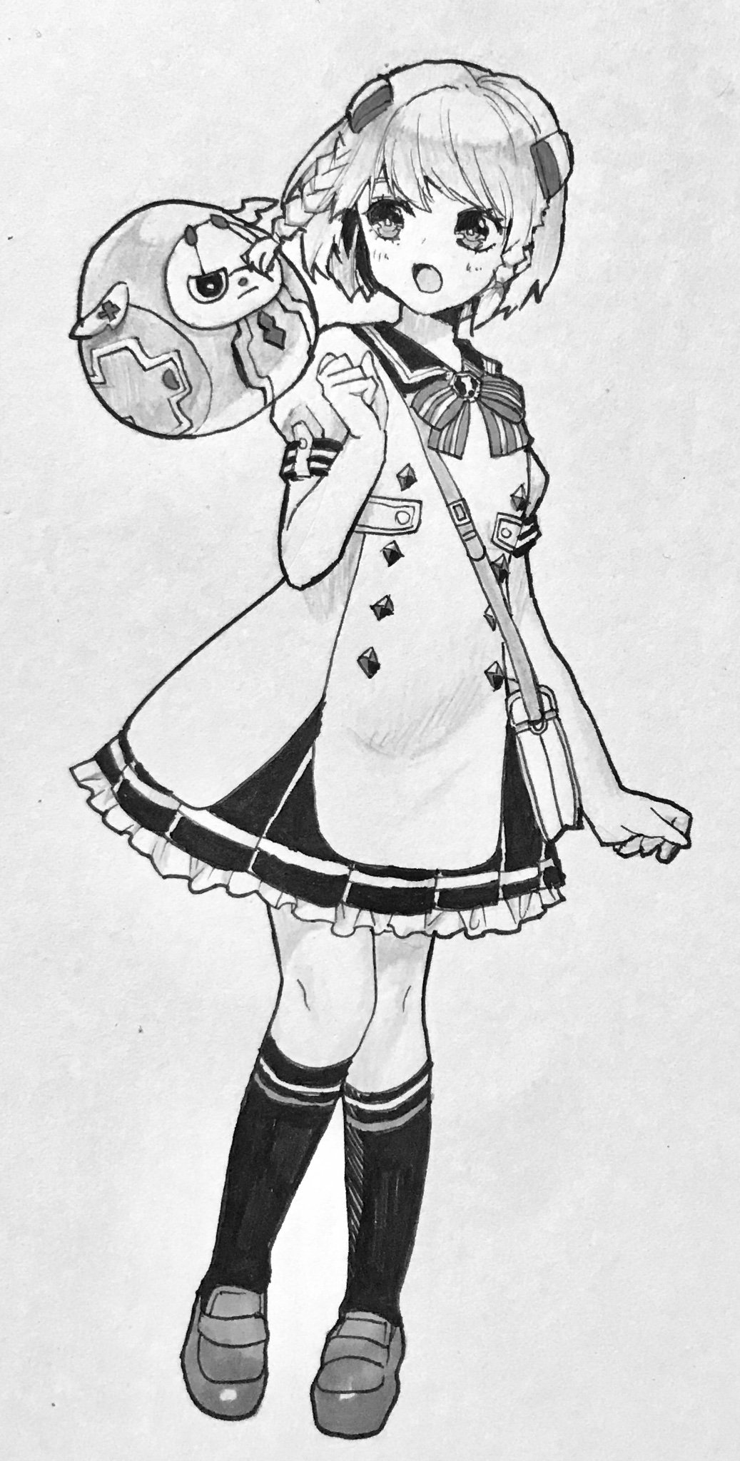 1girl, bag, braid, coro_(star_ocean), dress, full_body, greyscale, hair_ornament, hairclip, highres, monochrome, murata_tefu, open_mouth, robot, short_hair, shoulder_bag, simple_background, skirt, star_ocean, star_ocean_anamnesis, tika_blunche, twin_braids, white_background