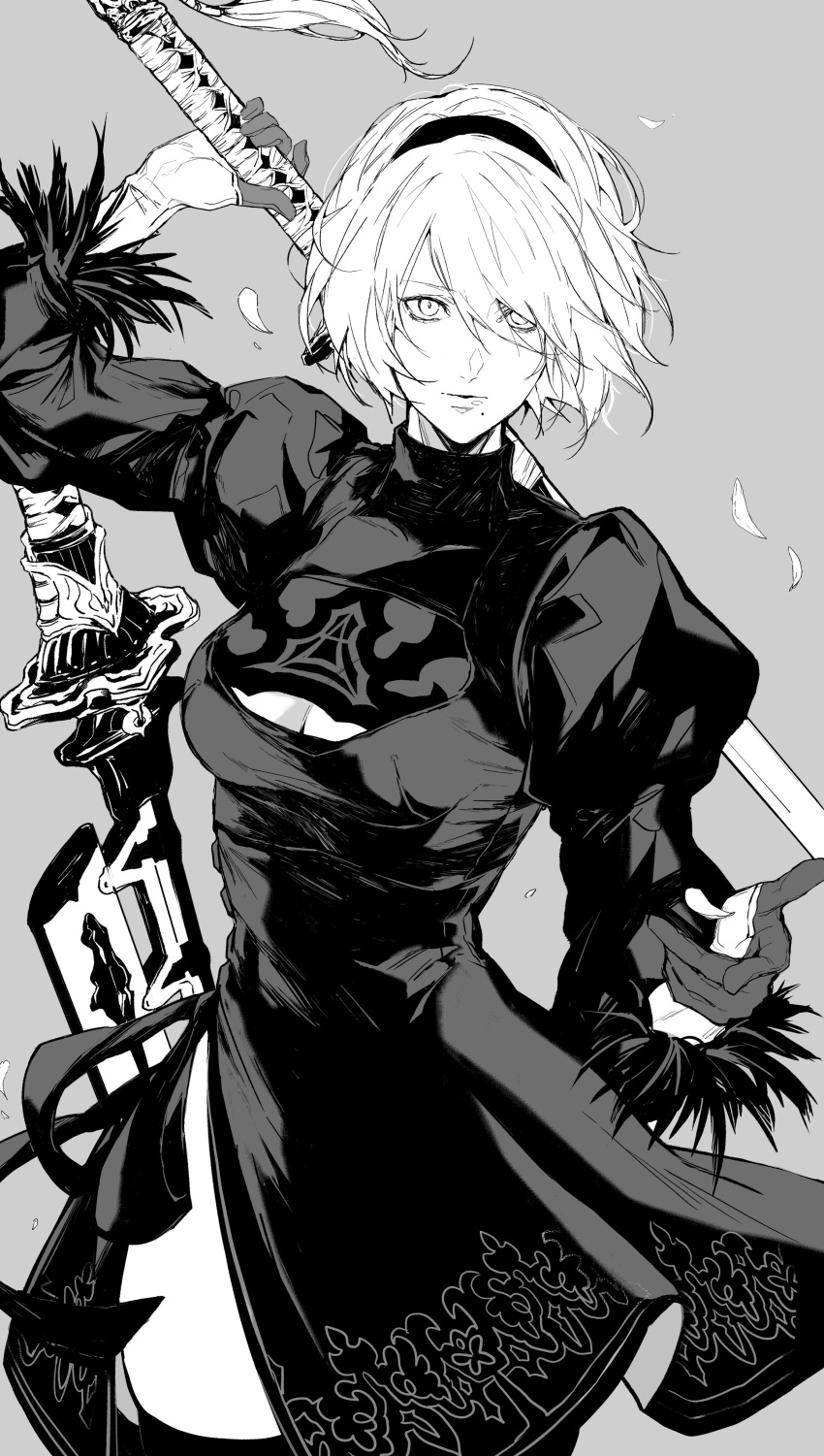 1girl, 2b_(nier:automata), absurdres, breasts, cleavage_cutout, closed_mouth, clothing_cutout, commentary