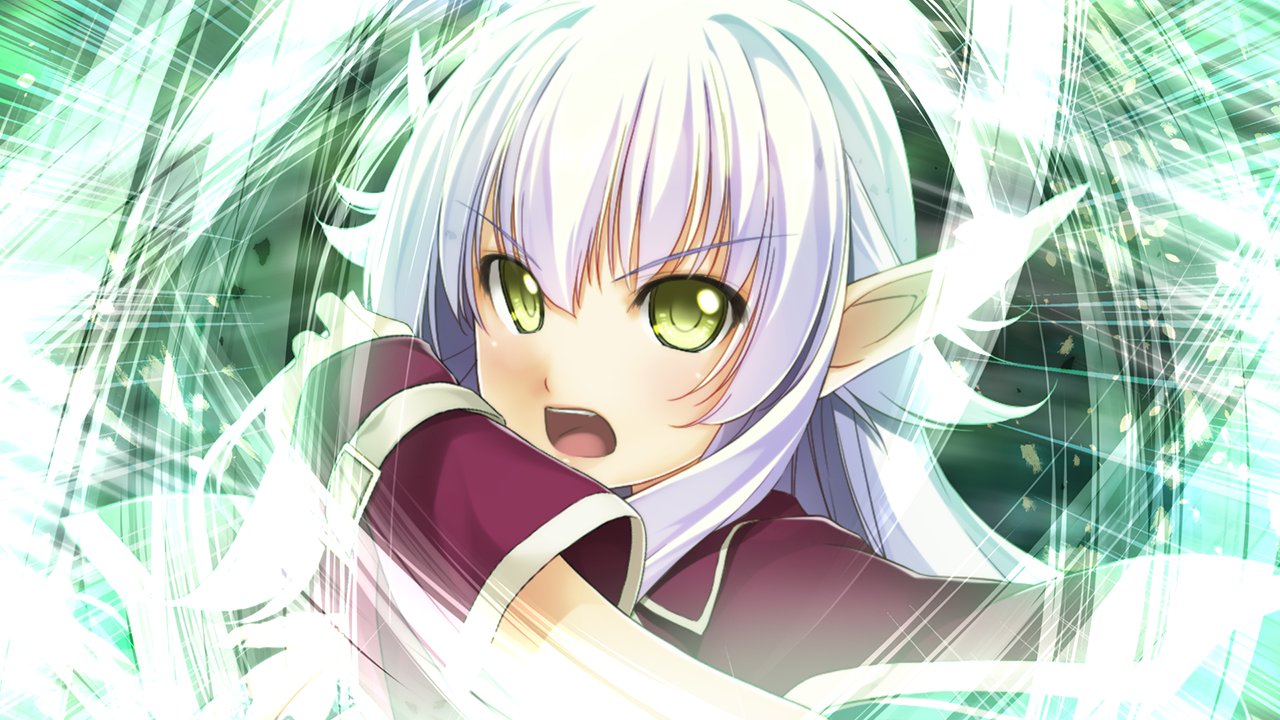 1girl, atelier-moo, dark_elf, elf, hair_between_eyes, long_hair, long_pointy_ears, magic, open_mouth, pointy_ears, purple_hair, sidelocks, silvia_milsteen, solo, teeth, upper_body, upper_teeth_only, very_long_hair, wind, wizards_symphony, yellow_eyes