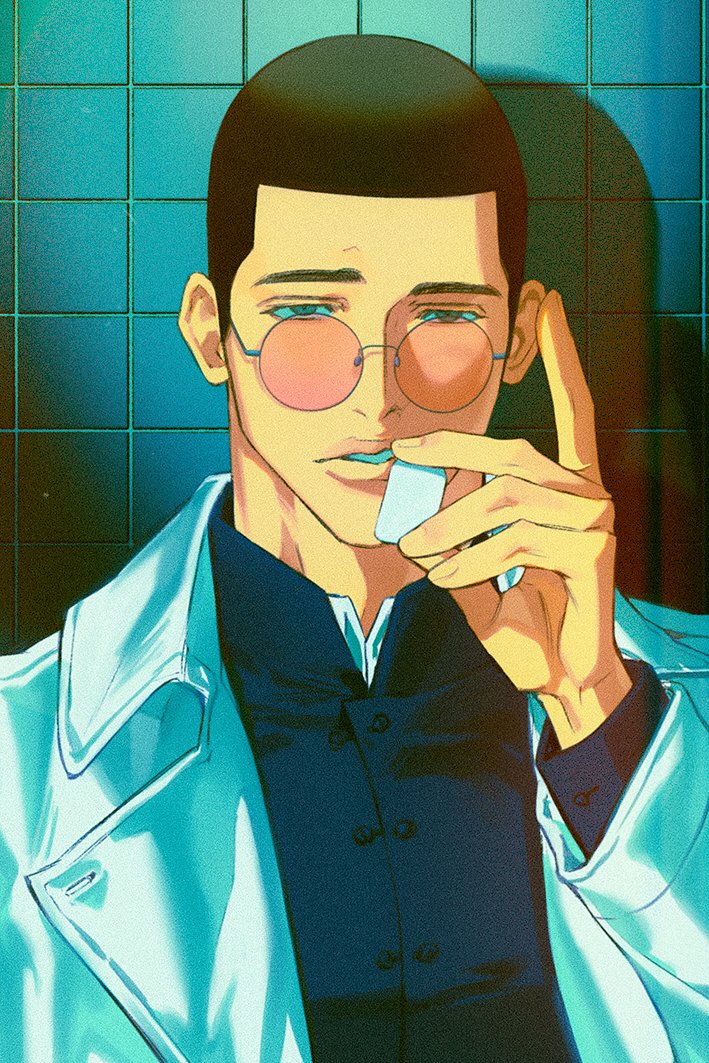 14ho_sd, black_hair, black_jacket, buzz_cut, character_request, coat, collared_coat, collared_jacket