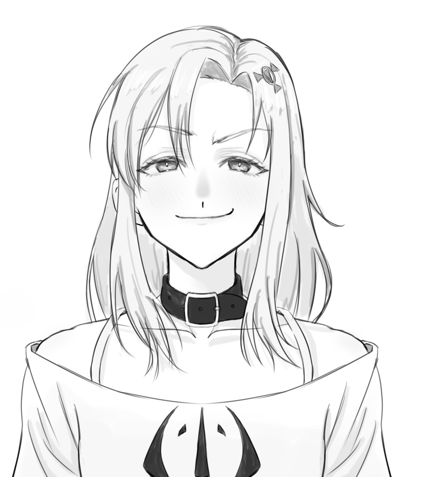 1girl, absurdres, bare_shoulders, belt, bra, breasts, choker, digital_hazard, dusk_(wayanfa), greenlanto, hair_ornament, highres, long_hair, looking_at_viewer, non-web_source, original, shirt, sigil, sketch, small_breasts, smirk, smug, t-shirt, underwear, upper_body, white_background