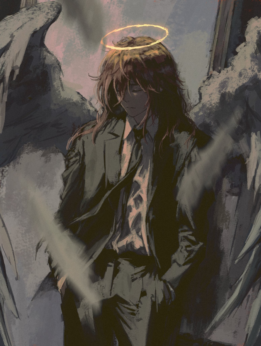 1boy, androgynous, angel_devil_(chainsaw_man), angel_wings, black_jacket, black_necktie, chainsaw_man, closed_eyes