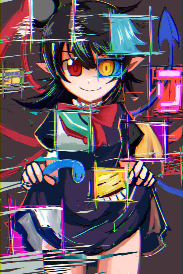 1girl, animal_ears, asymmetrical_wings, black_dress, black_hair, blonde_hair, blue_hair, blue_sclera, blue_wings, bow, bowtie, breasts, closed_mouth, colored_sclera, commentary_request, cowboy_shot, dress, glitch, green_sailor_collar, heterochromia, hijiri_byakuren, houjuu_nue, leon_no_neko, looking_at_viewer, mouse_ears, murasa_minamitsu, nazrin, one-hour_drawing_challenge, pointy_ears, red_bow, red_bowtie, red_eyes, red_wings, sailor_collar, short_dress, short_hair, short_sleeves, small_breasts, smile, snake, solo, sorcerer's_sutra_scroll, tatara_kogasa, toramaru_shou, touhou, wings, yellow_eyes