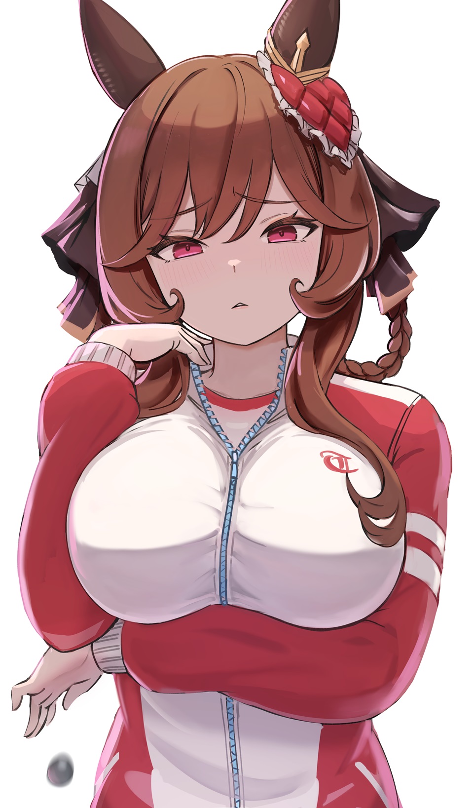 1girl, animal_ears, braided_hair_rings, breasts, brown_hair, ear_covers, ear_ornament, enumiyaa