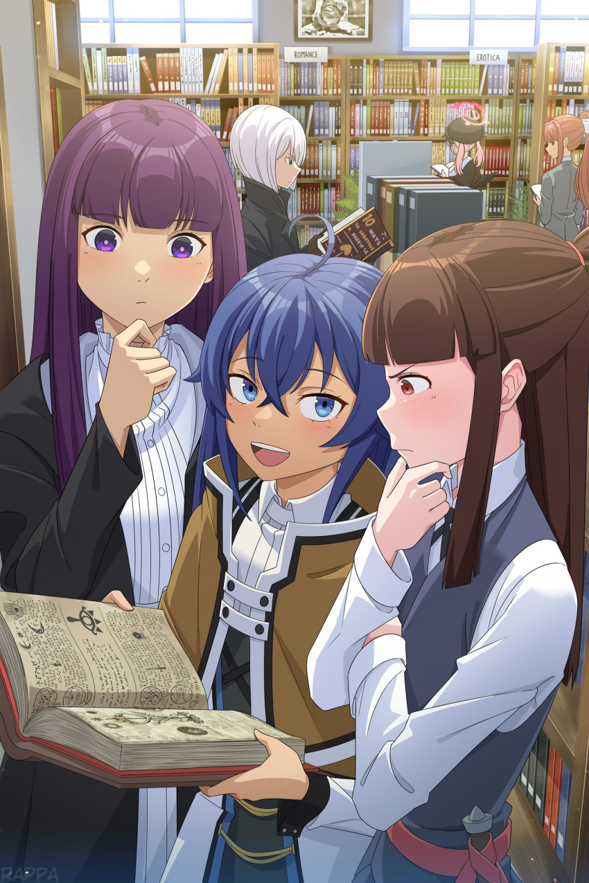 6+girls, :d, beret, black_coat, blue_archive, blue_eyes, blue_hair, book