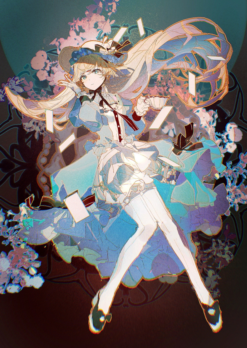 1girl, arcaea, black_background, black_bow, black_bowtie, black_footwear, blonde_hair, blue_dress