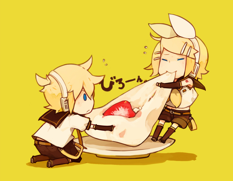 brother_and_sister, eating, food, glider_(artist), guraida, hair_ornament, hair_ribbon, hairclip