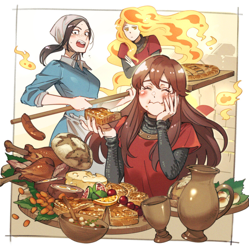 3girls, akakokko_(niro_azarashi), apron, armor, beans, blush, brown_hair, chainmail