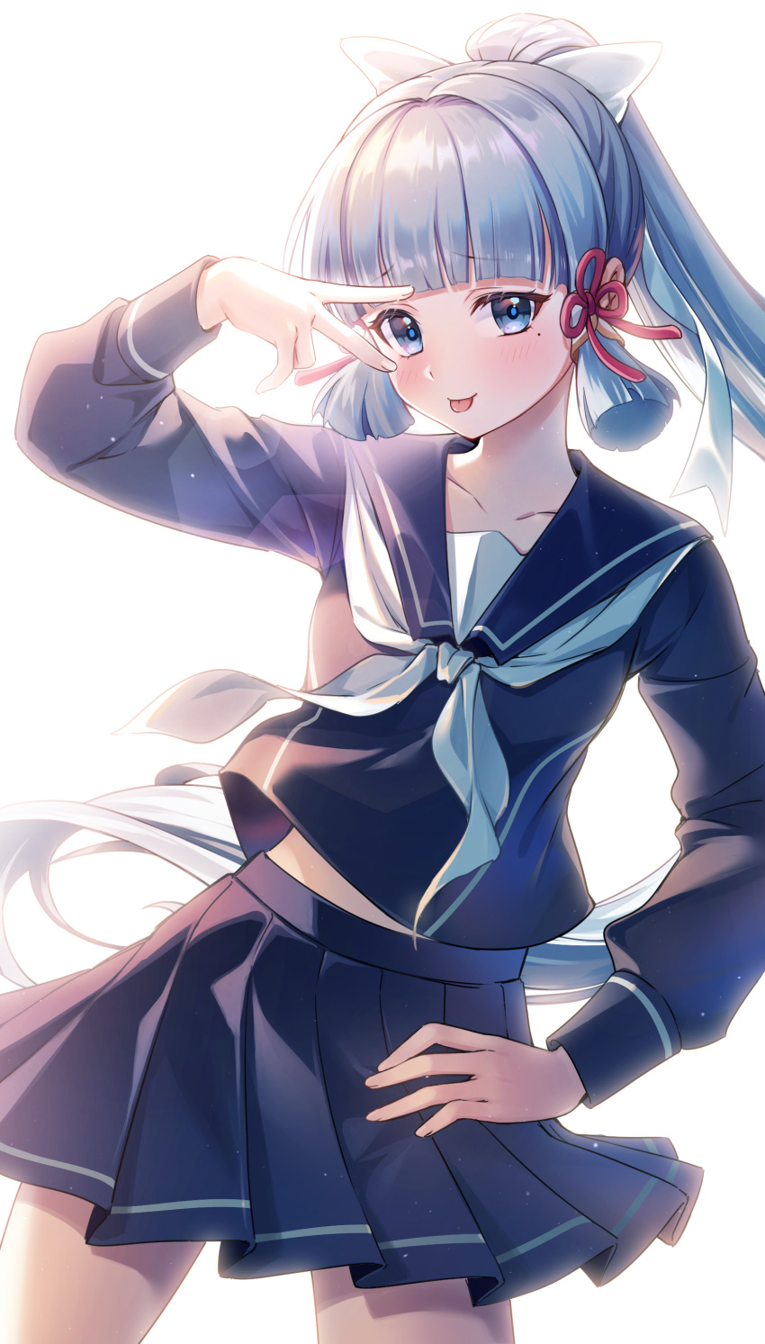 1girl, :p, absurdres, blue_hair, blue_serafuku, blue_skirt, blunt_tresses, blush