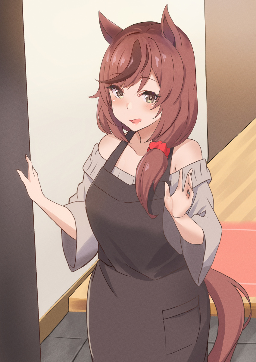 1girl, aged_up, animal_ears, apron, bare_shoulders, blush, brown_apron, brown_hair