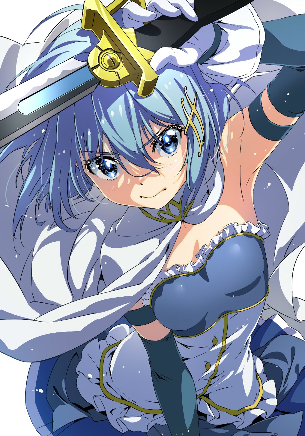 1girl, arm_up, armpits, blue_eyes, blue_hair, blue_skirt, cape, detached_sleeves