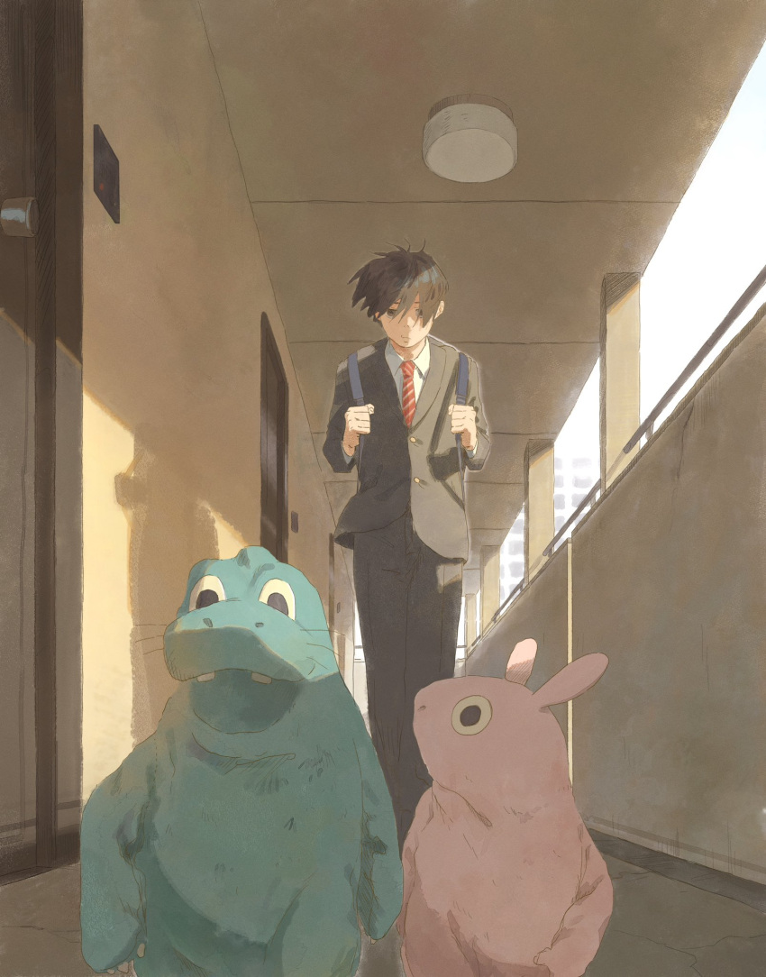 1boy, apartment, backpack, bag, black_hair, black_pants, black_suit, closed_mouth