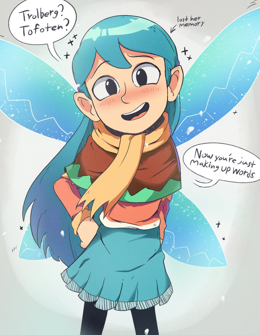 aqua_hair, arrow_(symbol), black_pantyhose, blue_skirt, commentary, english_commentary, english_text, gradient_background