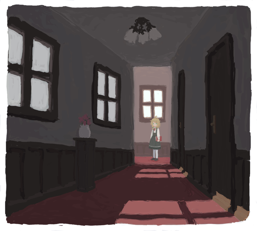 1girl, ahoge, black_dress, blonde_hair, blue_eyes, book, border, ceiling_light, closed_mouth, door, dress, expressionless, flower, hair_flaps, hair_over_shoulder, hallway, highres, holding, holding_book, idolmaster, idolmaster_cinderella_girls, indoors, long_sleeves, looking_at_viewer, necktie, pantyhose, pinafore_dress, pink_flower, plant, potted_plant, red_carpet, red_necktie, shirt, shoes, short_necktie, sleeveless, sleeveless_dress, solo, standing, taoreta_enban, vase, white_border, white_pantyhose, white_shirt, wide_shot, window, window_shade, yusa_kozue