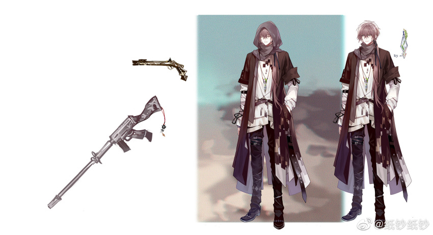 1boy, antique_firearm, arm_at_side, assault_rifle, bandaged_arm, bandages, belt, black_footwear