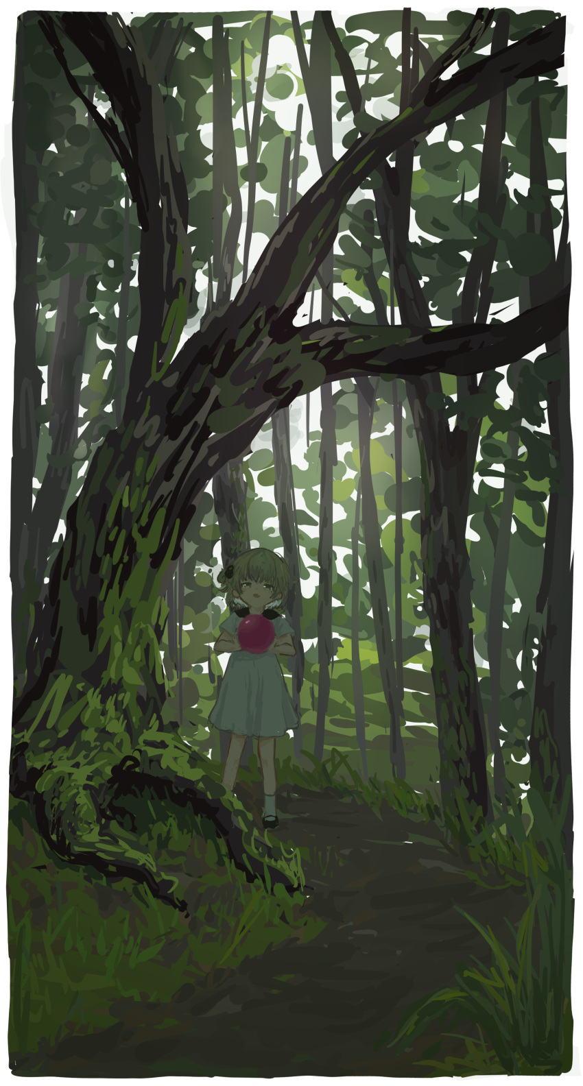 1girl, absurdres, alternate_costume, ball, black_sailor_collar, border, commentary_request, day, dress, fang, forest, grass, grey_dress, grey_eyes, grey_socks, hatoba_tsugu, highres, holding, holding_ball, light_blush, looking_at_viewer, nature, outdoors, path, sailor_collar, sailor_dress, short_dress, short_hair, short_sleeves, skin_fang, smile, socks, solo, standing, taoreta_enban, tree, tsugu_(vtuber), virtual_youtuber, white_border, wide_shot