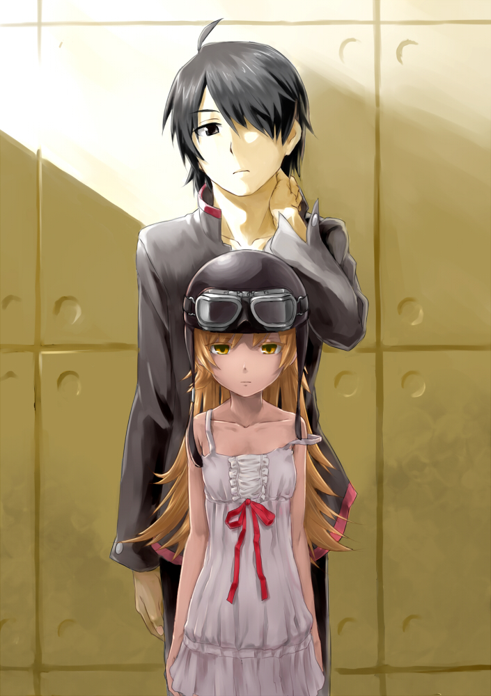 bakemonogatari, black_hair, blonde_hair, goggles, goggles_on_head, hat, helmet, monogatari_(series)