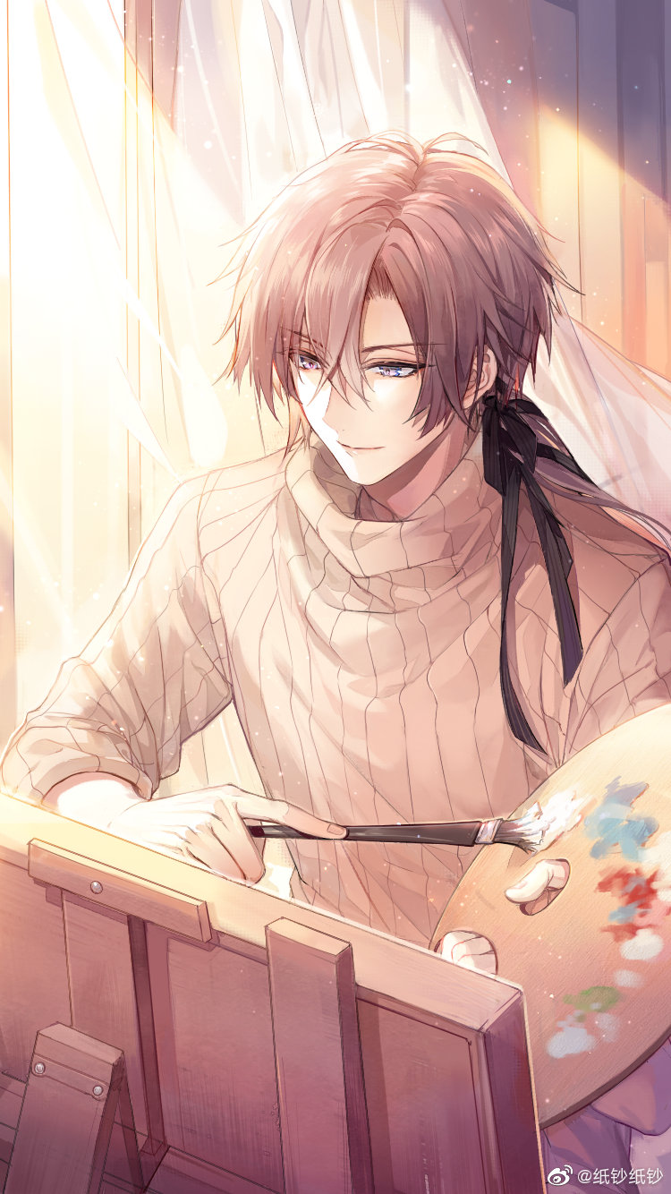 1boy, black_ribbon, blue_eyes, brown_hair, canvas_(object), closed_mouth, curtained_hair, curtains