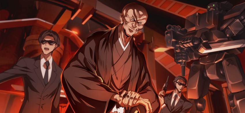 3boys, arm_at_side, artist_request, backlighting, bald, black_hair, black_jacket, black_necktie, blurry, blurry_background, bodyguard, brown_kimono, burai_(code_geass), buttons, closed_mouth, code_geass, code_geass:_lost_stories, collared_shirt, formal, furrowed_brow, game_cg, gun, handgun, hands_on_hilt, haori, happy, highres, holding, holding_gun, holding_weapon, indoors, jacket, japanese_clothes, kimono, kirihara_taizou, long_sleeves, looking_afar, male_focus, mecha, multiple_boys, necktie, non-web_source, official_art, old, old_man, open_mouth, orange_eyes, own_hands_together, red_background, revolver, robot, shirt, short_hair, smile, solo_focus, suit, sunglasses, teeth, trigger_discipline, two-handed, underlighting, upper_body, v-shaped_eyebrows, weapon, white_shirt, wrinkled_skin