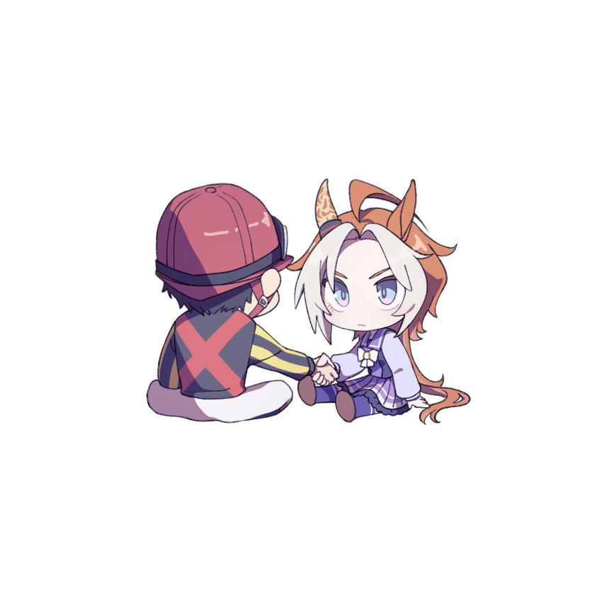 1boy, 1girl, animal_ears, bow, bowtie, ear_covers, hat, highres, holding_hands, horse_ears, horse_girl, horse_tail, ikezoe_ken'ichi, long_hair, long_sleeves, orange_hair, orfevre_(umamusume), purple_skirt, rikou_masimasi, sailor_collar, school_uniform, shirt, shoes, short_hair, simple_background, skirt, tail, tracen_school_uniform, umamusume, violet_eyes