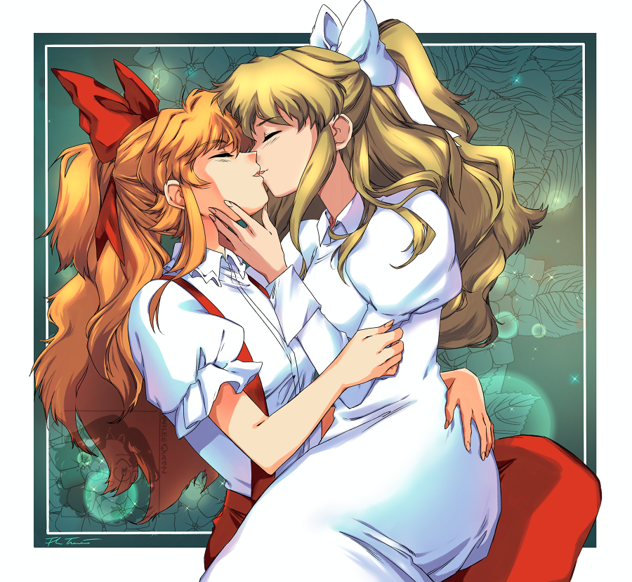 aged_up, blonde_hair, brown_hair, closed_eyes, dress, elise_liedl, hair_ribbon, harleequeen