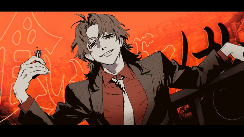 1boy, black_eyes, black_jacket, blazer, brown_hair, collared_shirt, commentary_request, fingernail_torture_device