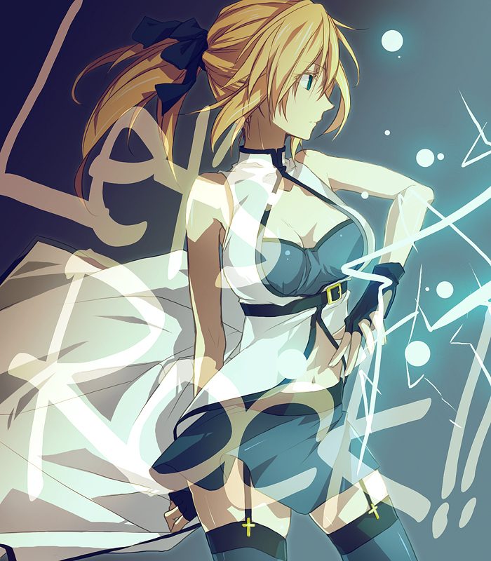 blonde_hair, breasts, genderswap, guilty_gear, ky_kiske, kyko, m.u.g.e.n, maka_(morphine), miniskirt, open_clothes, open_shirt, ponytail, shirt, skirt, thighhighs, zettai_ryouiki