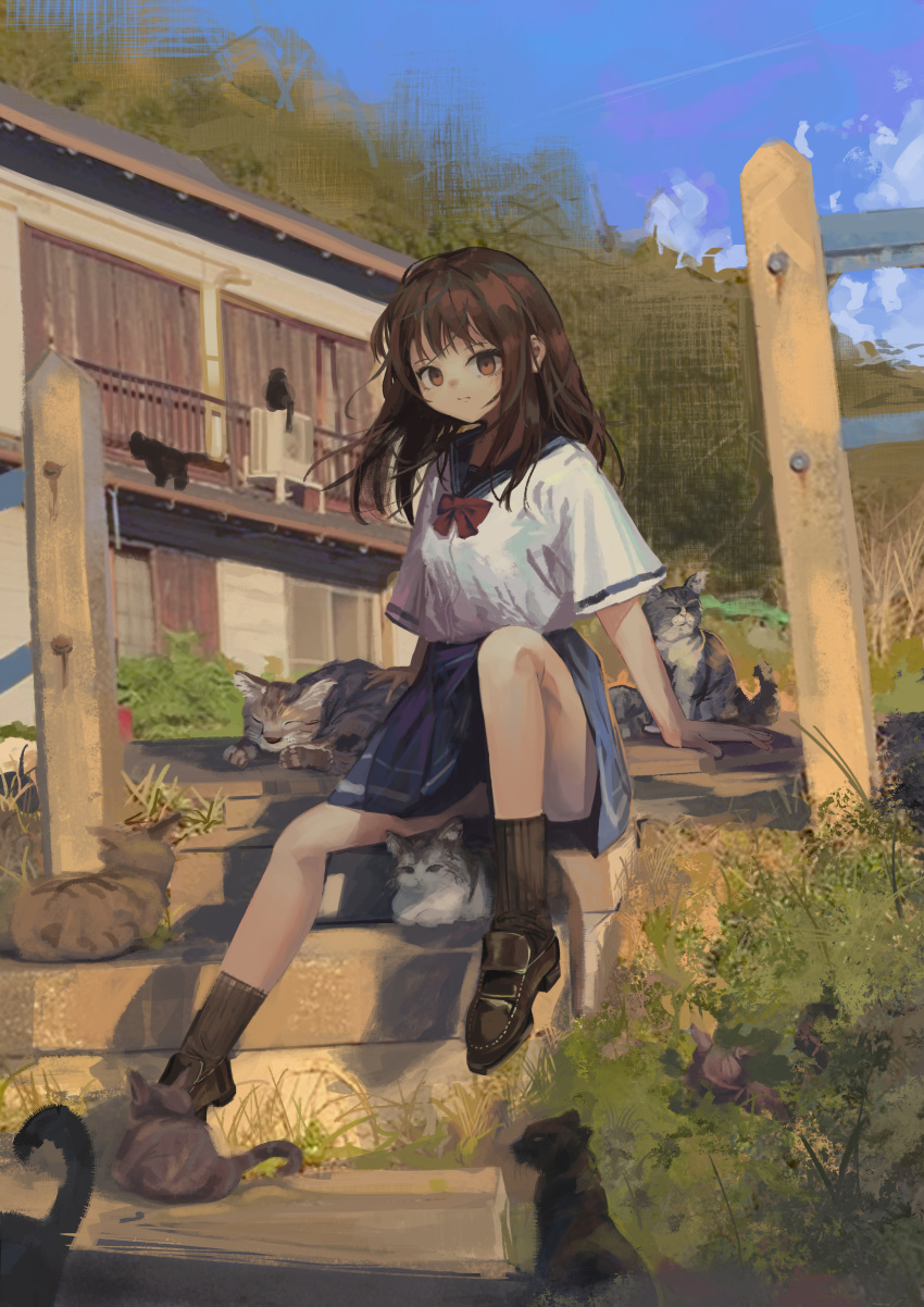 1girl, absurdres, air_conditioner, black_cat, black_footwear, black_socks, blue_skirt, blue_sky