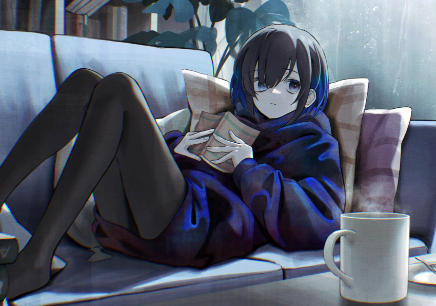 1girl, black_hair, black_pantyhose, blue_hair, blue_sweater, book, commentary, couch