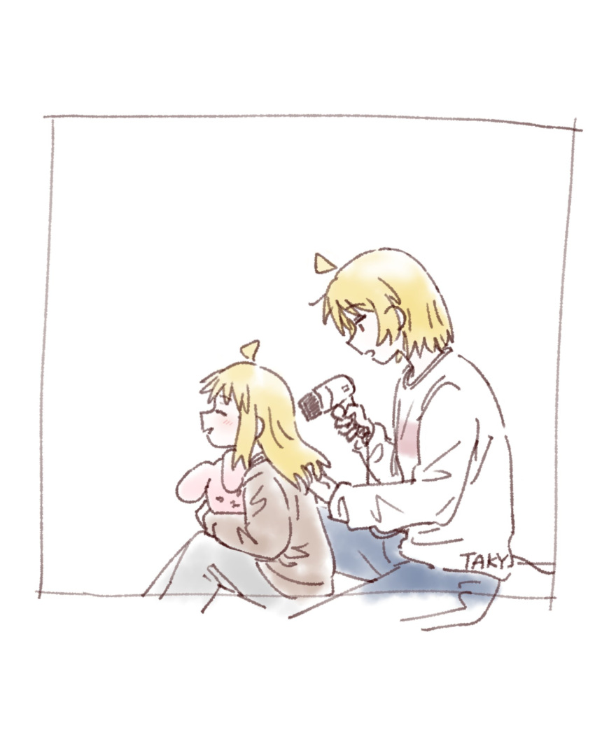 2girls, aged_down, ahoge, alternate_costume, blonde_hair, bocchi_the_rock!, child, closed_eyes