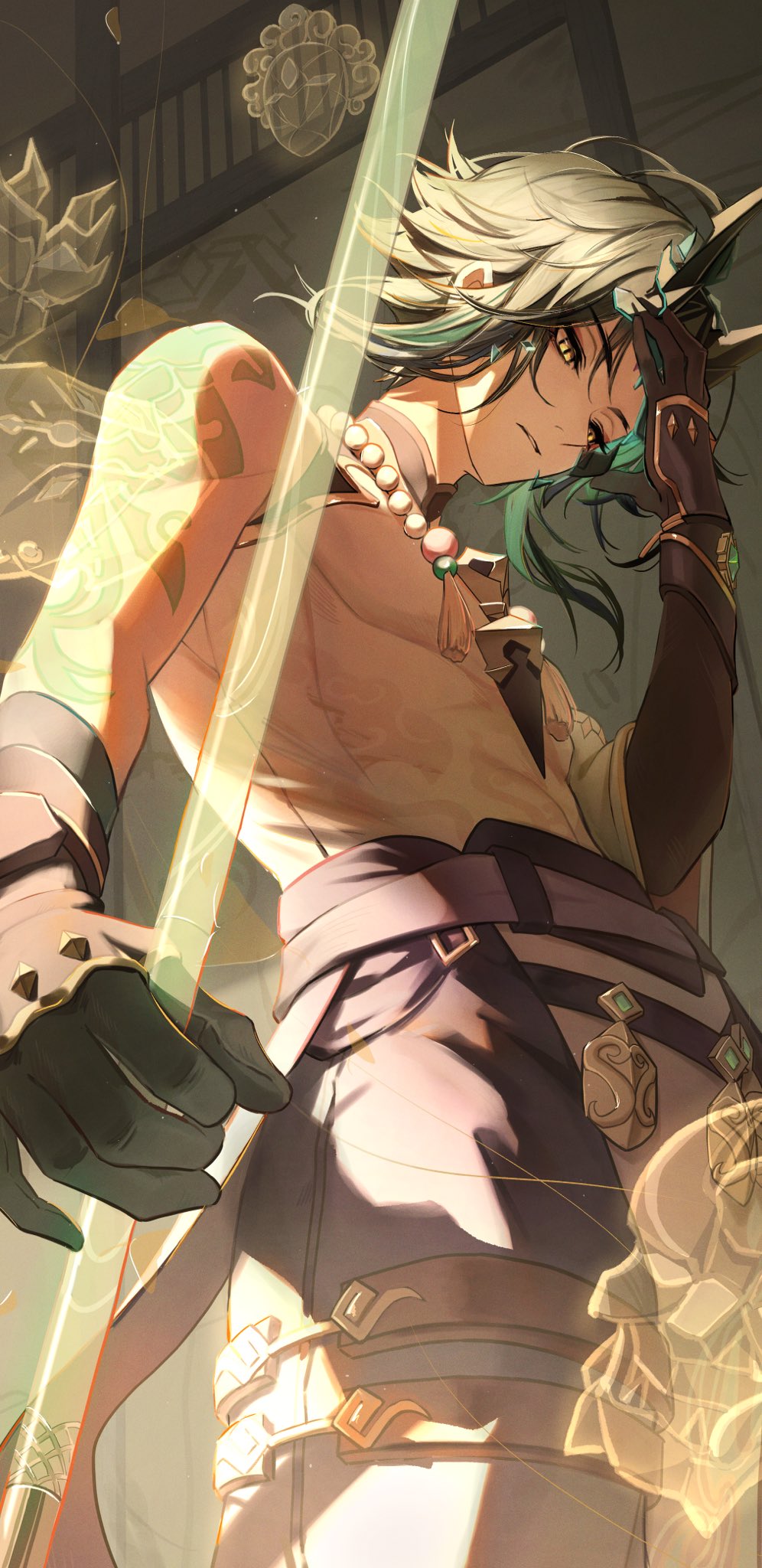 1boy, arm_tattoo, asymmetrical_sleeves, bare_shoulders, bead_necklace, beads, black_gloves, black_hair, broken_mask, chinese_clothes, ciao3030, facial_mark, forehead_mark, genshin_impact, gloves, green_hair, hand_on_own_face, highres, holding, holding_polearm, holding_weapon, indoors, jewelry, male_focus, mask, multicolored_hair, necklace, parted_lips, pendant, polearm, short_hair, skin_tight, solo, spear, streaked_hair, tassel, tattoo, toned, toned_male, weapon, xiao_(genshin_impact), yellow_eyes