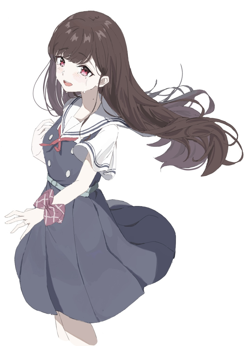 1girl, asaka_kaori, blank_(blankonsen), blue_dress, blush, bow, breasts, brown_hair, commentary, crying, crying_with_eyes_open, dress, floating_hair, hashtag_only_commentary, highres, kimi_to_tsuzuru_utakata, long_hair, looking_at_viewer, mole, mole_on_neck, mole_under_eye, neck_ribbon, open_mouth, pinafore_dress, red_bow, red_eyes, red_ribbon, ribbon, sailor_collar, shirt, short_hair, simple_background, sleeveless, sleeveless_dress, small_breasts, solo, tears, teeth, upper_teeth_only, white_background, white_sailor_collar, white_shirt, wrist_bow