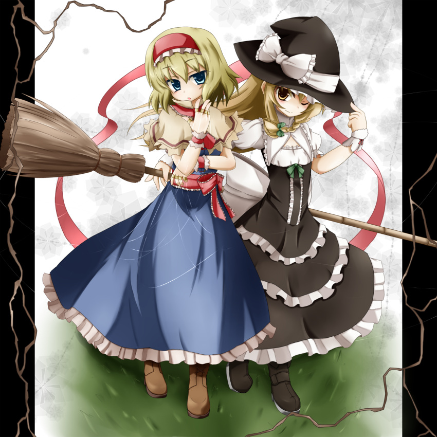 alice_margatroid, broom, capelet, hairband, hat, highres, kirisame_marisa, long_hair