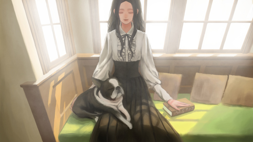 1girl, absurdres, backlighting, black_hair, black_skirt, book, center_frills, dog