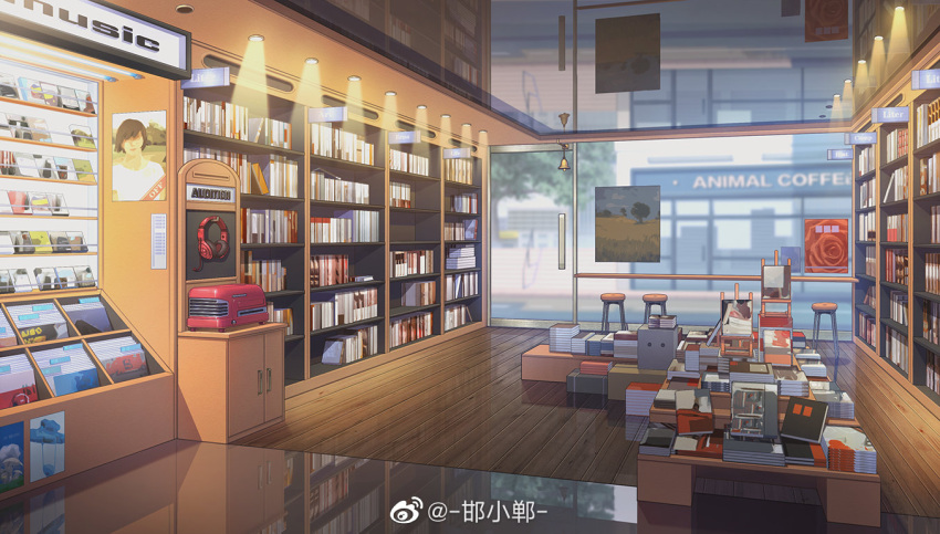 bell, bookshelf, bookstore, cabinet, cd_player, ceiling_light, day, door