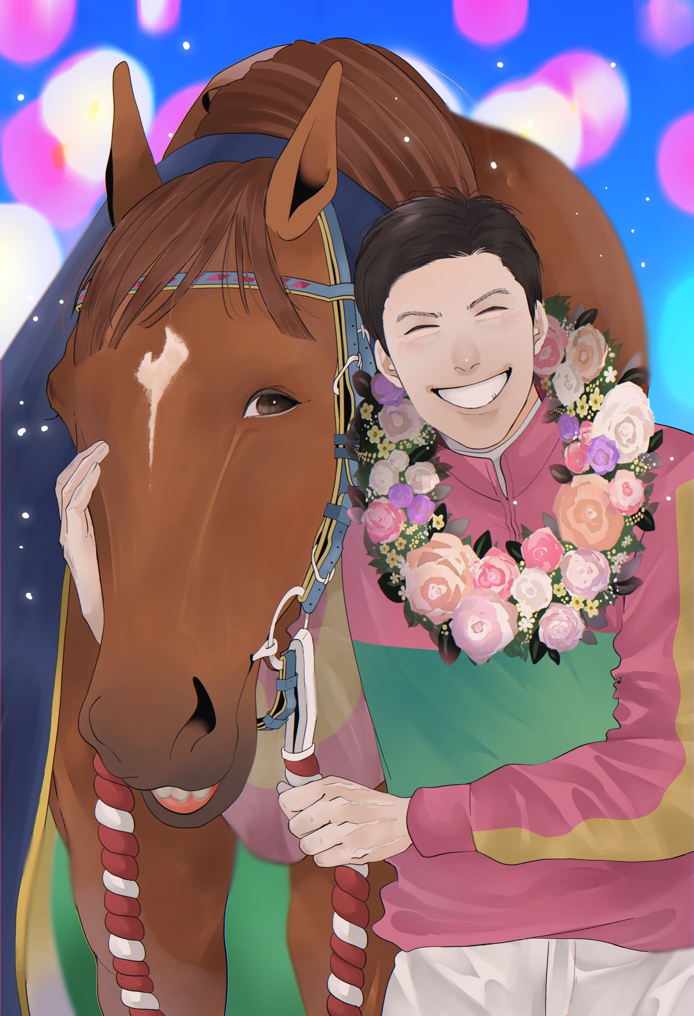 1boy, akiyama1107, black_hair, bridle, closed_eyes, commentary_request, flower, flower_request