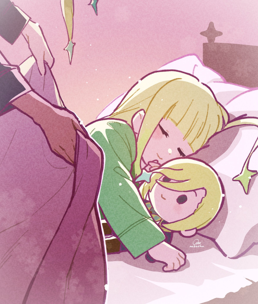 2boys, androgynous, aoi_rokushou, bed, black_jacket, blonde_hair, blunt_bangs, brothers