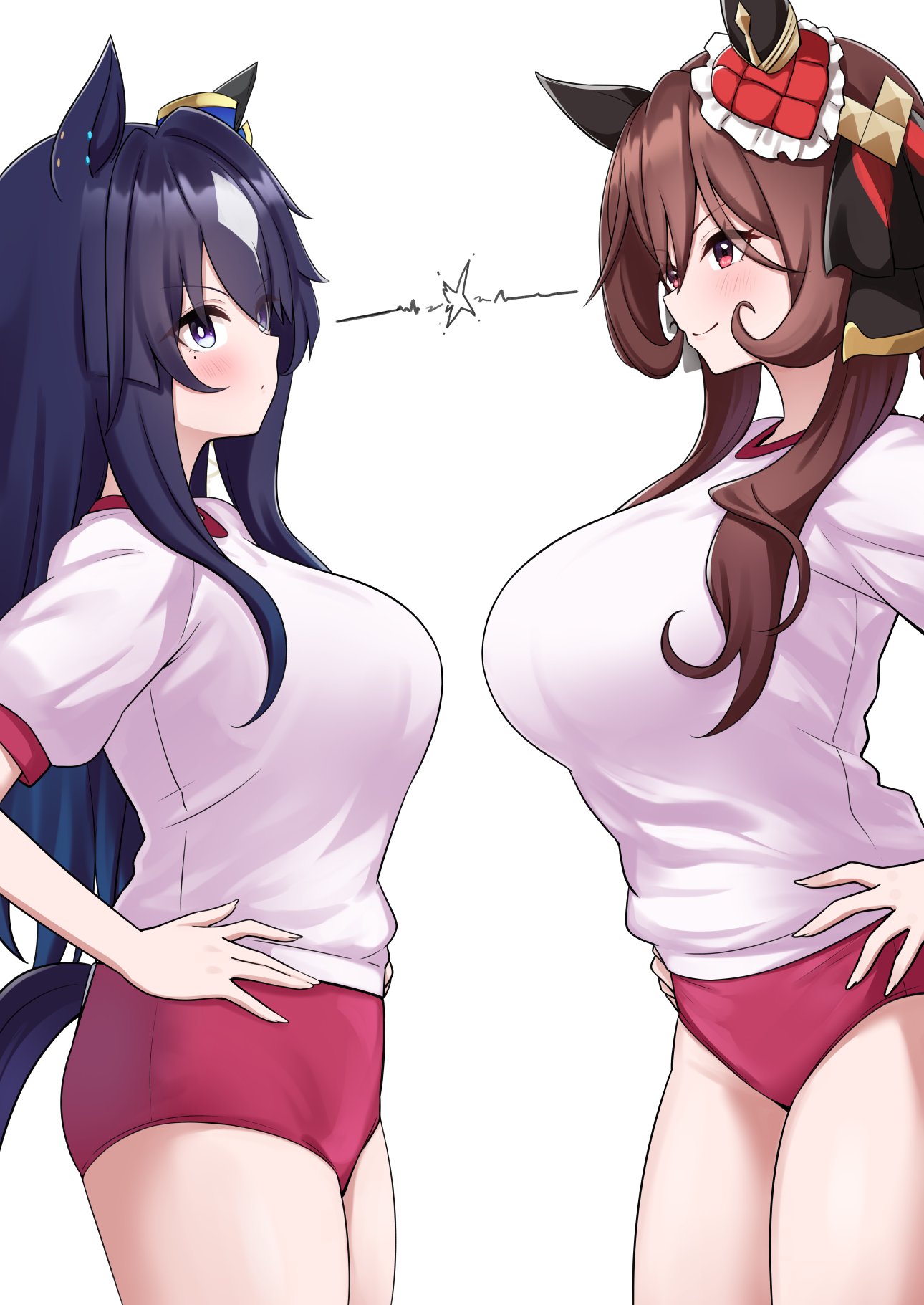 2girls, alternate_costume, animal_ears, breasts, brown_hair, buruma, commentary_request, gentildonna_(umamusume)