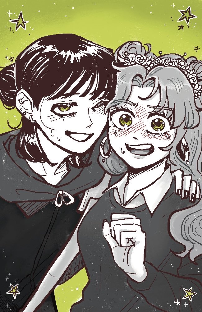 2girls, black_nails, blunt_bangs, blush, clenched_hand, collared_shirt, commentary, ear_piercing, earrings, embarrassed, english_commentary, face-to-face, green_background, green_eyes, hair_bun, hand_on_another's_shoulder, head_wreath, hood, hoodie, hoop_earrings, jewelry, junnie, kininatteru_hito_ga_otoko_ja_nakatta, koga_mitsuki, long_hair, looking_at_viewer, medium_hair, mole, mole_under_eye, multiple_girls, one_eye_closed, oosawa_aya, open_mouth, parted_bangs, partially_colored, piercing, shirt, single_hair_bun, smile, sparkle, spot_color, star_(symbol), sweatdrop, sweater, teeth, upper_body, upper_teeth_only, wavy_hair, wide-eyed