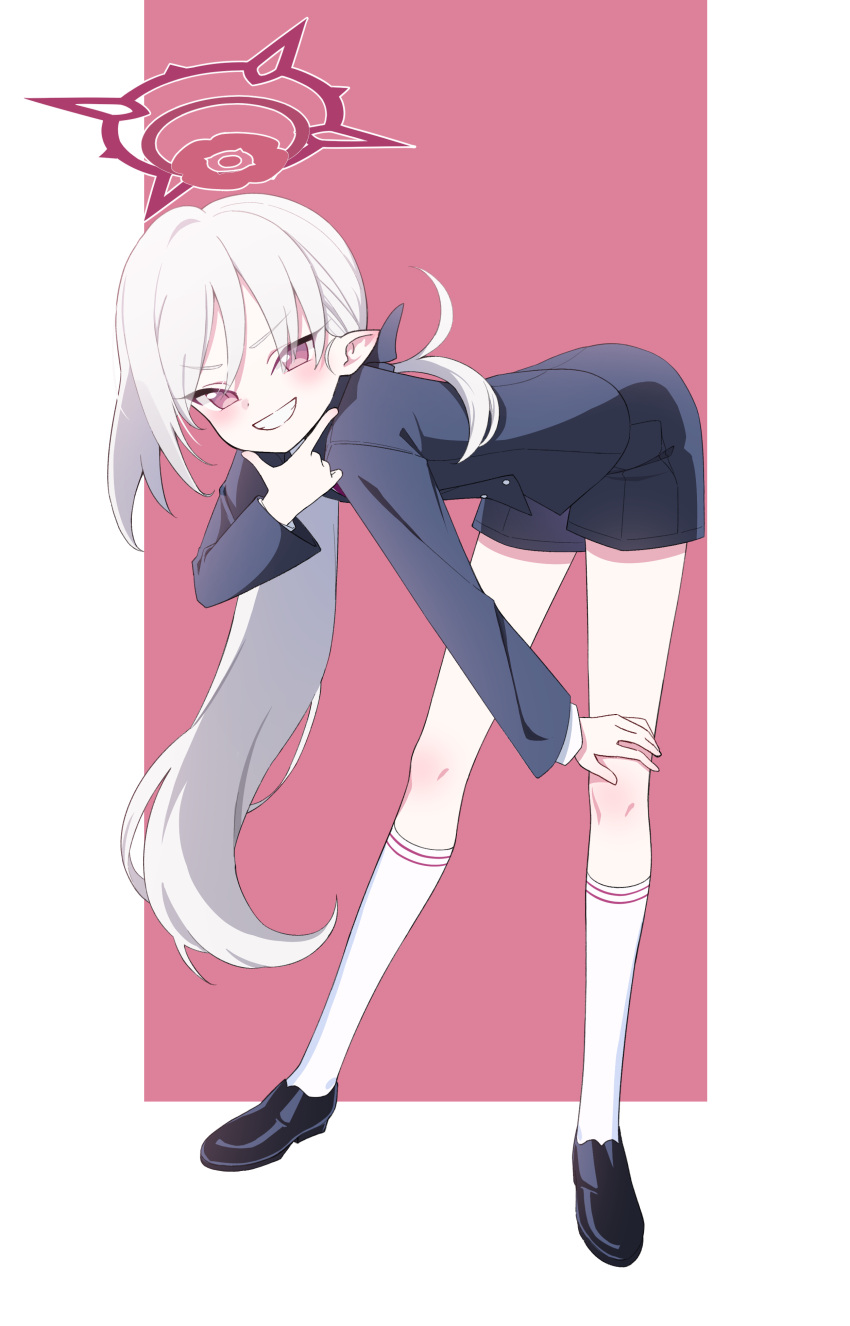 1girl, absurdres, black_footwear, black_shorts, blue_archive, collared_shirt, full_body, grin