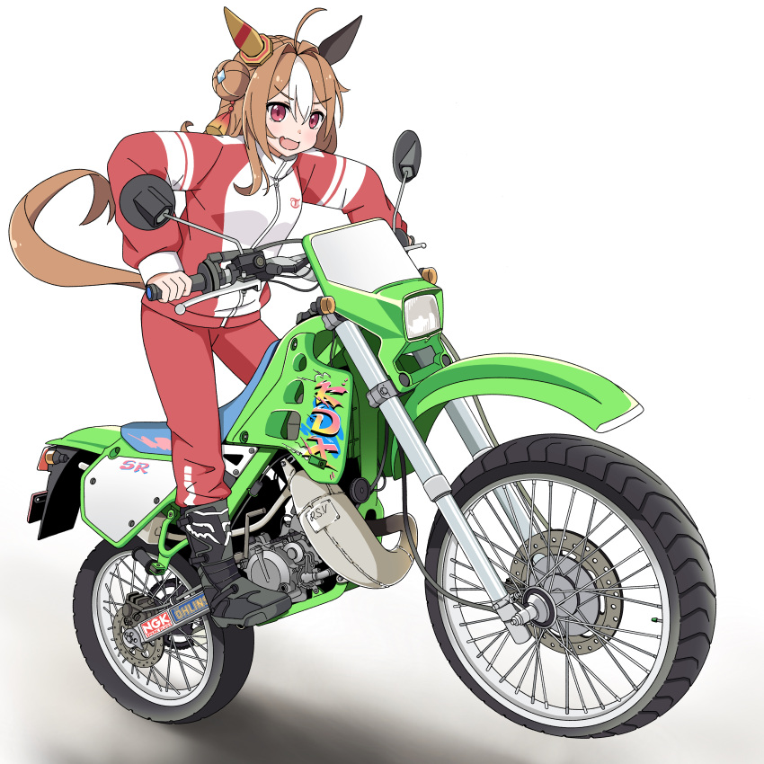 1girl, absurdres, animal_ears, blush, brown_hair, copano_rickey_(umamusume), dirtbike, ear_covers