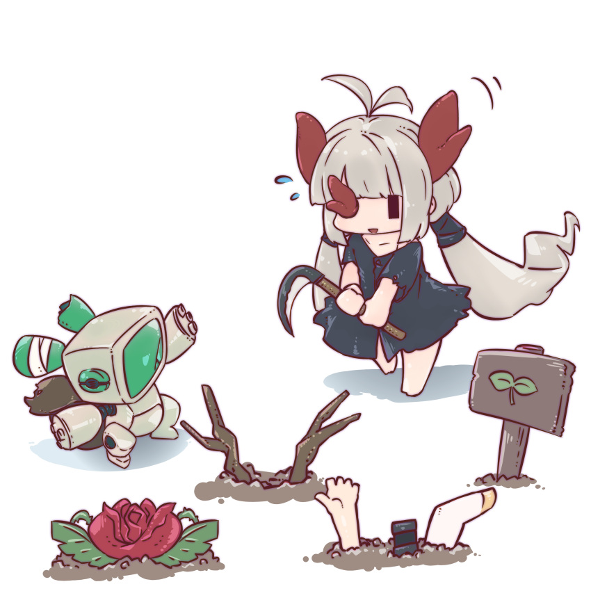 4girls, absurdres, antenna_hair, antlers, bandages, barefoot, black_dress, blunt_bangs, buried, chibi, commentary_request, creator_connection, daidou_(yuyu_nerica), dress, floating_hair, flower, flying_sweatdrops, grey_hair, hakoniwa_company_works, highres, holding_sickle, horns, hotaru_(htol#niq), htol#niq:_hotaru_no_nikki, kama_(weapon), long_hair, low_twintails, meme_kazamidori, missing_eye, multiple_girls, open_mouth, robot, robot_(void_terrarium), rose, rose_(rose_to_tasogare_no_kojou), rose_to_tasogare_no_kojou, short_sleeves, sickle, sign, simple_background, smile, textless_version, toriko_(void_terrarium), torn_clothes, torn_sleeves, twintails, very_long_hair, void_terrarium, walking, white_background, |_|