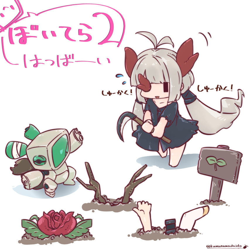 4girls, absurdres, antenna_hair, antlers, bandages, barefoot, black_dress, blunt_bangs