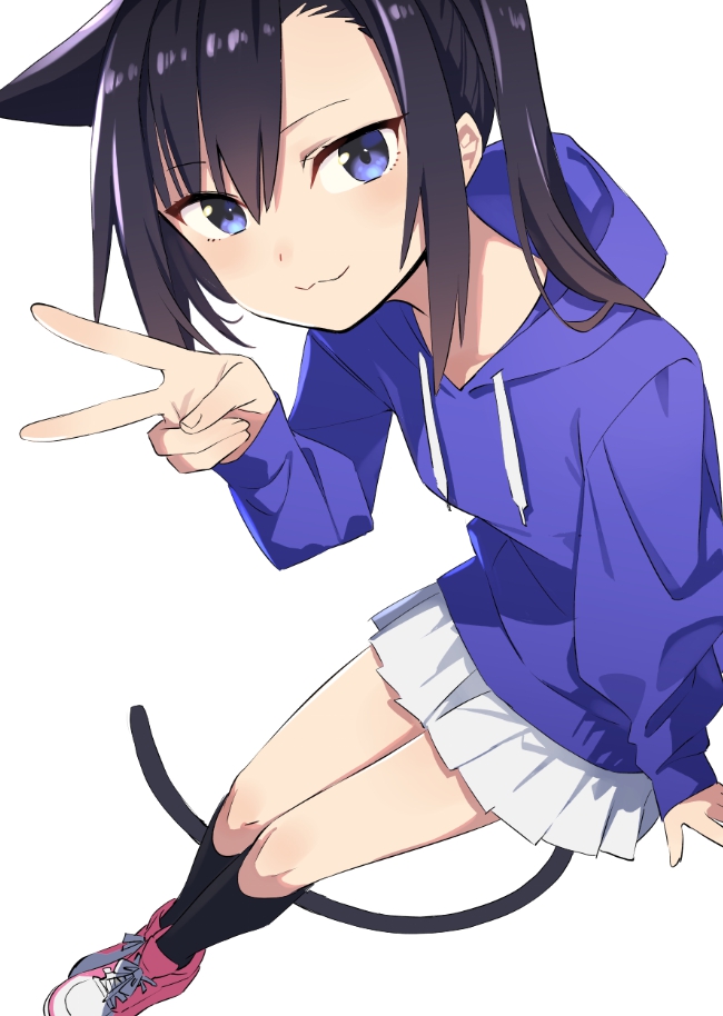 1girl, :3, aki_poi, animal_ears, black_hair, black_socks, blue_eyes, blue_hoodie