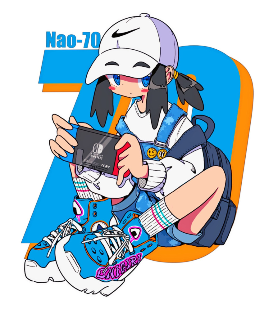 1girl, artist_name, backpack, badge, bag, baseball_cap, black_hair, blue_eyes