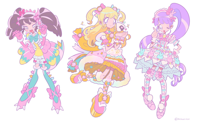 3girls, :d, animal_print, black_hair, blonde_hair, blue_thighhighs, blunt_bangs, boots