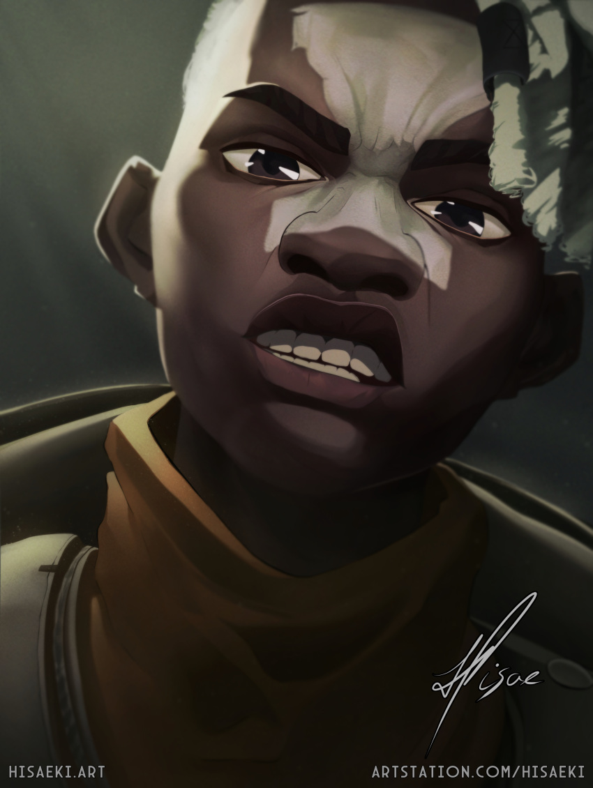 1boy, absurdres, arcane:_league_of_legends, artist_name, black_eyes, dark-skinned_male, dark_skin, ekko_(league_of_legends), grey_hair, highres, hisaeki, league_of_legends, looking_at_viewer, male_focus, portrait, short_hair, signature, solo, teeth, web_address