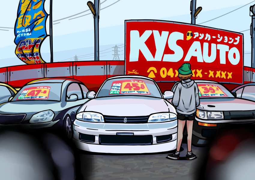 1girl, absurdres, black_shorts, blonde_hair, blurry, blurry_foreground, car, car_dealership