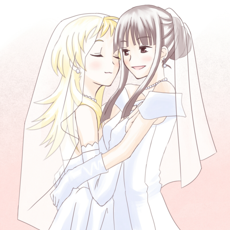 bad_id, blonde_hair, bridal_veil, dress, elbow_gloves, gloves, jewelry, kanamemo, kitaoka_yume, ma_tsukasa, minami_yuuki, multiple_girls, mutual_yuri, veil, wedding_dress, yuri